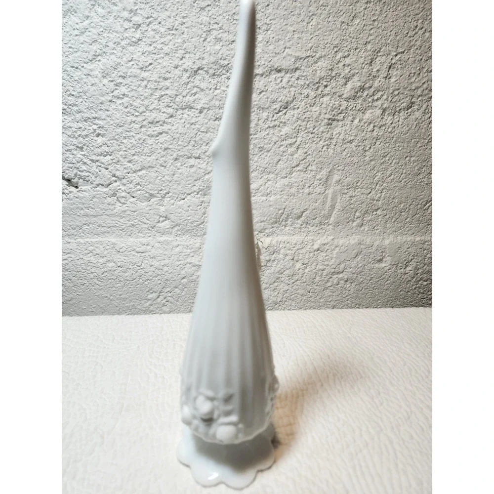 Vintage Fenton white milk glass bud vase, Cabbage Rose Pattern 10
